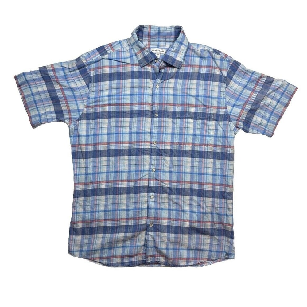 Peter Millar Men's Sz M 100% Cotton Short-Sleeve Button-Down Gingham Plaid Shirt